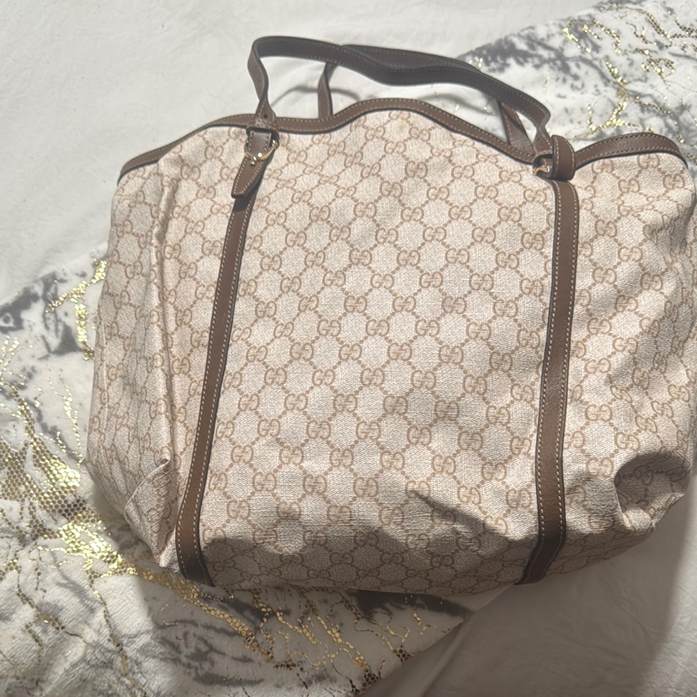 Gucci Cream and Brown Monogram Tote with Leather Handles